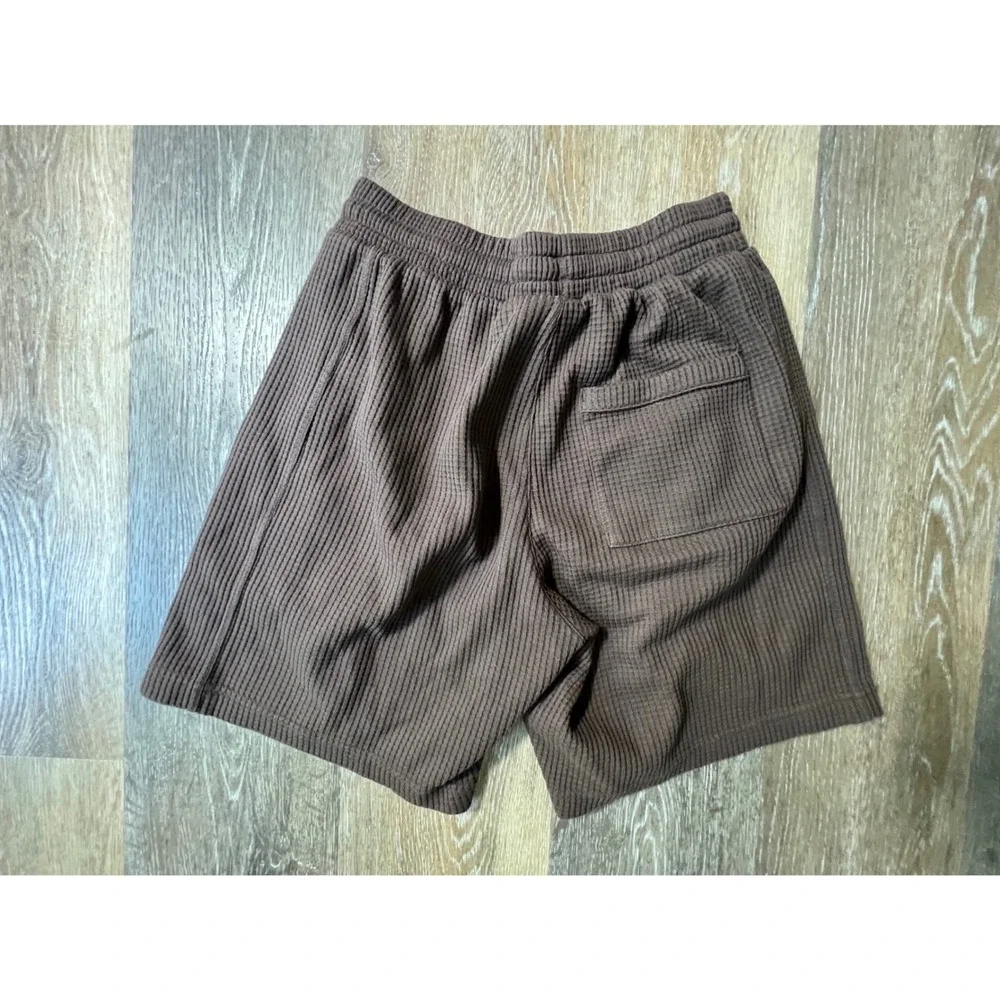 Adidas Waffle Knit Shorts Mens Small Brown Trefoil Logo Lounge Athleisure